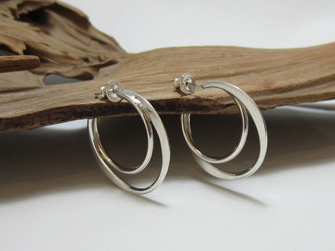 Unusual double hoop sterling silver earrings - the outer hoop is flattened off and measures 30mm across. 925 Silver Canterbury